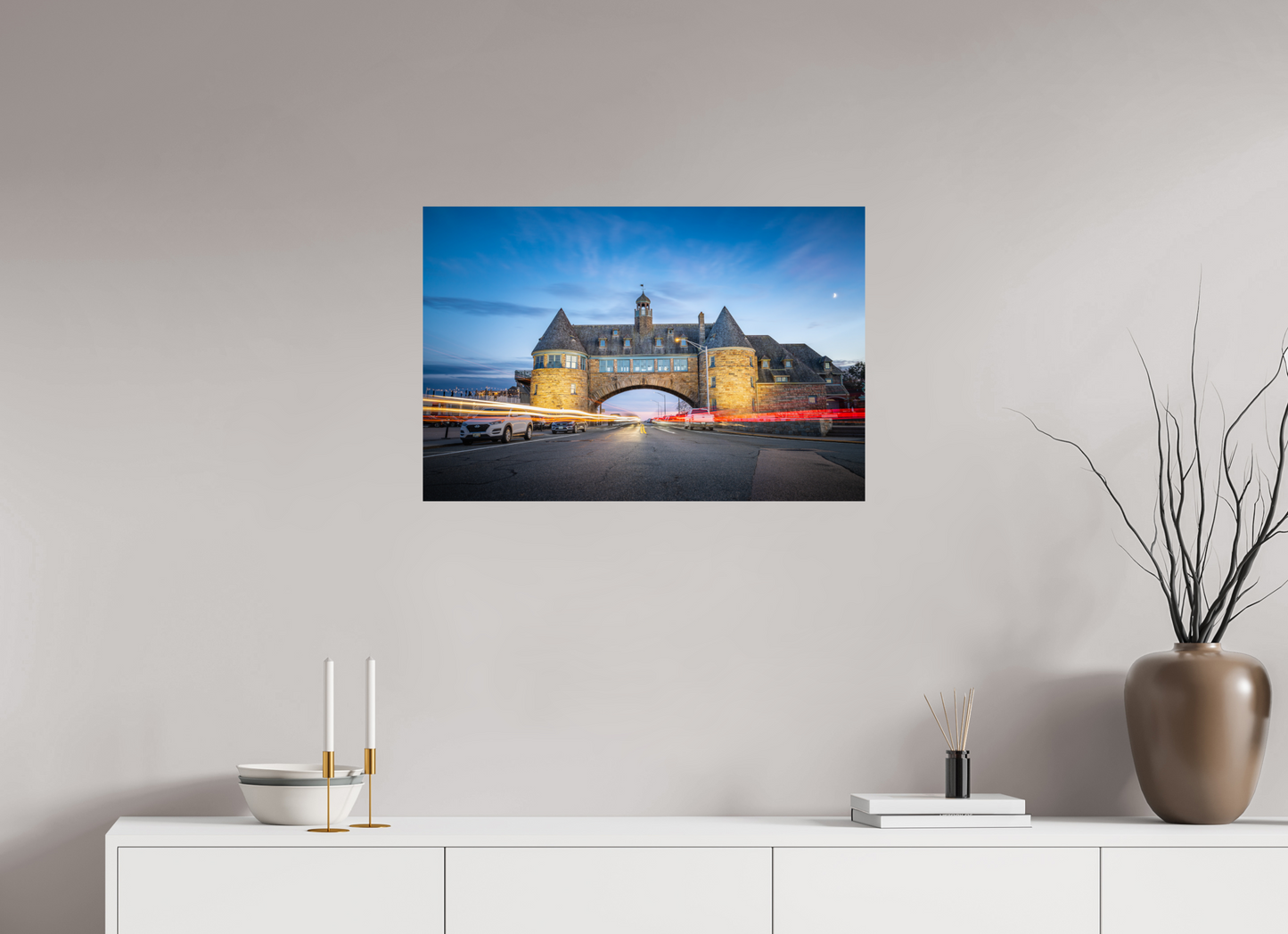 30 x 20″, Metallic Photo Print on Fuji Crystal Pearl Narragansett Towers and Light Trails