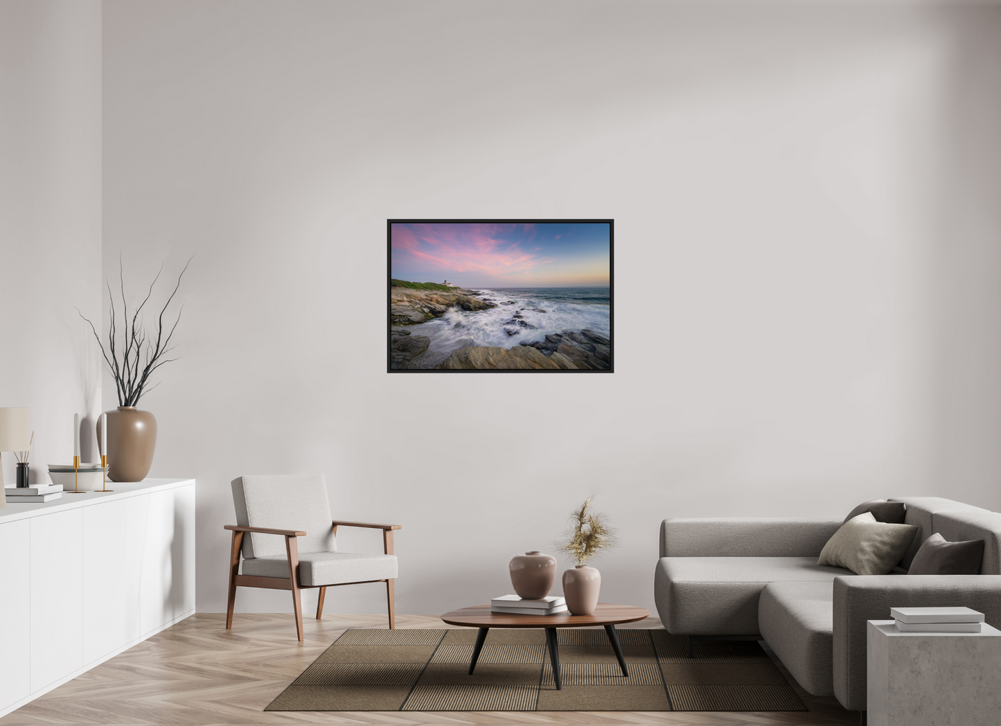 45 x 30″, Premium Photo Print under Acrylic Glass with Black Wood Floater Frame Rough Seas at Sunset