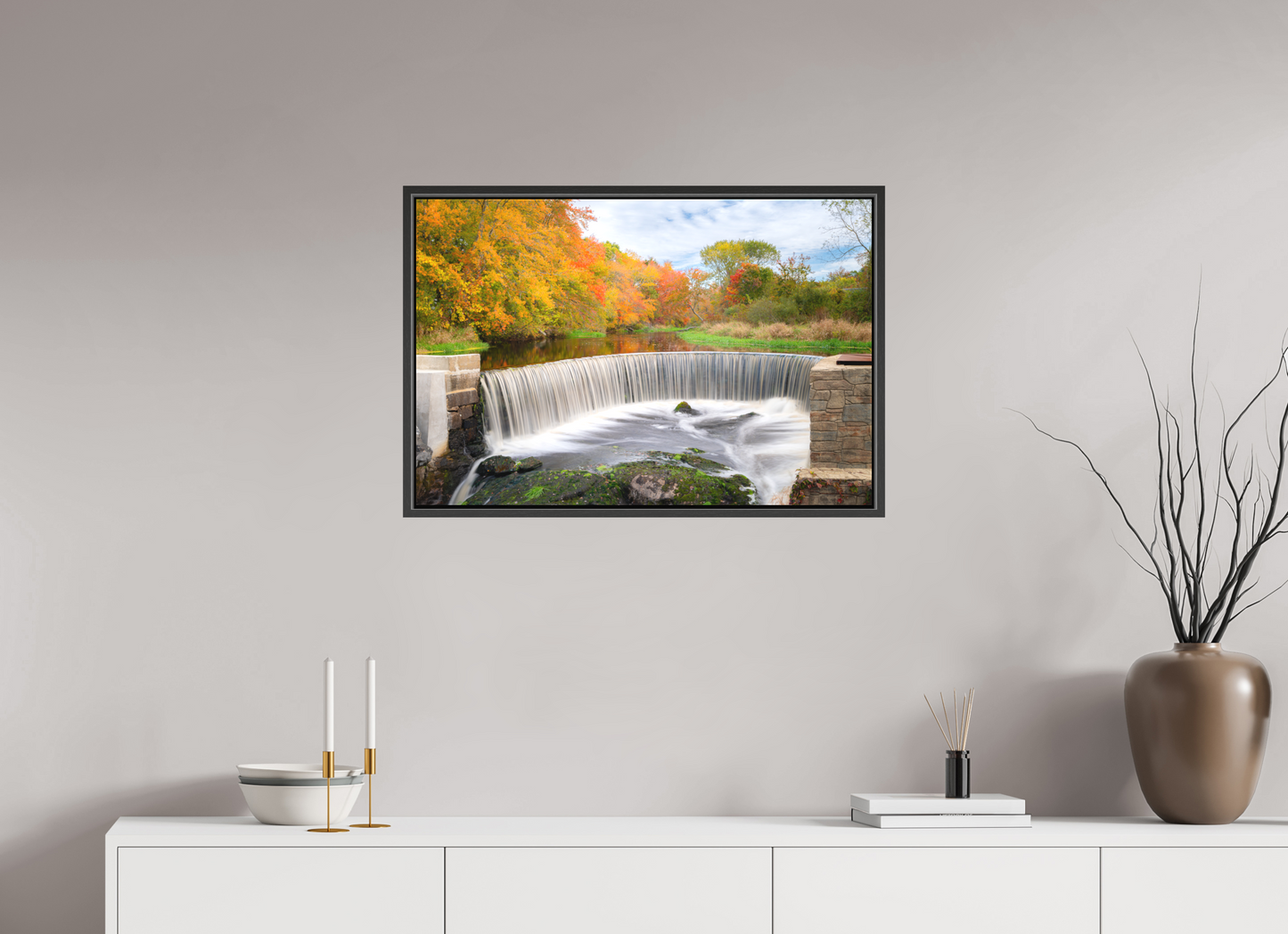 30 x 20″, Matte Canvas Print with Black Wood Floater Frame Autumn at Horseshoe Falls