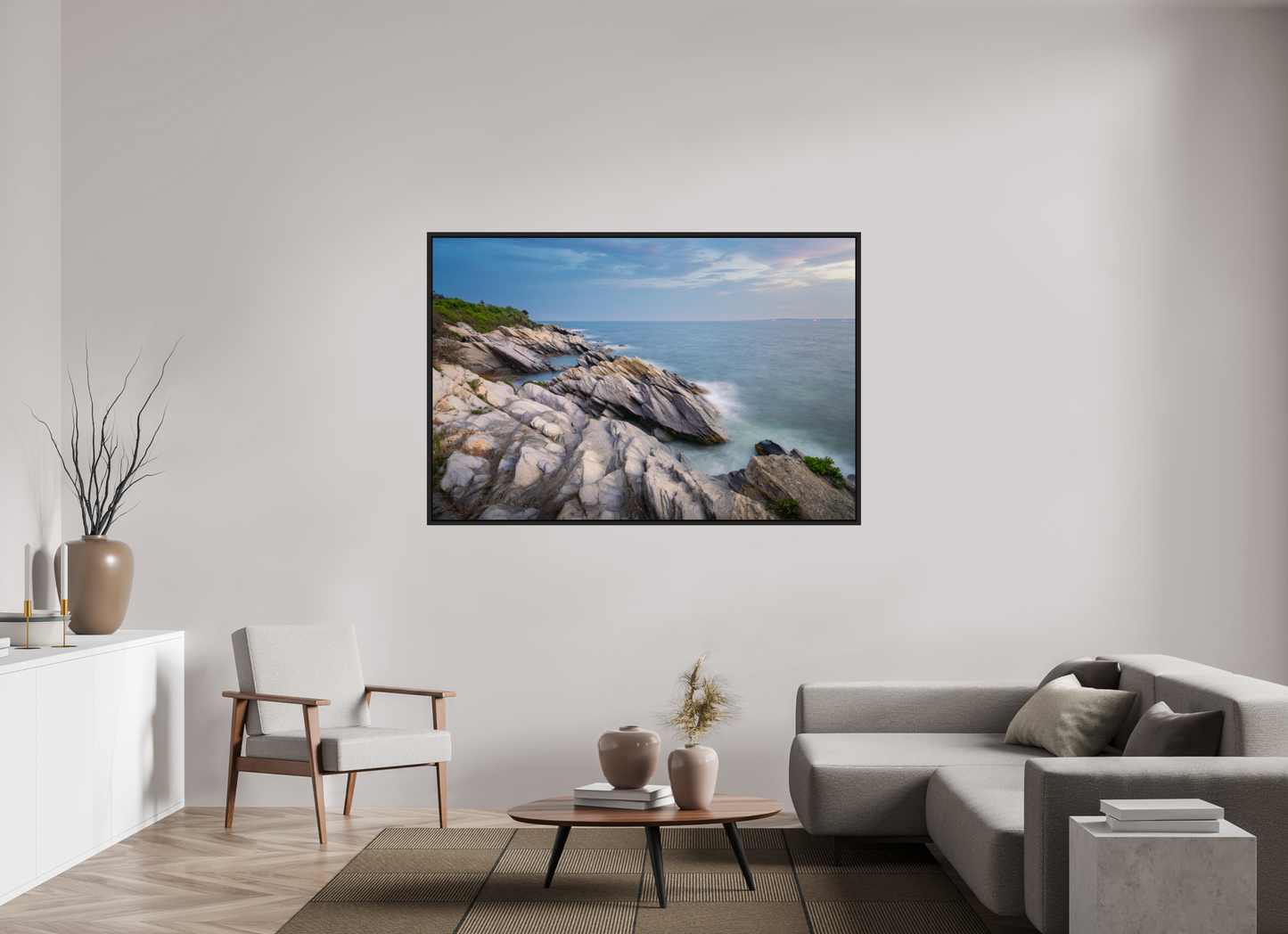 66 x 44″, Premium Photo Print under Acrylic Glass with Black Wood Floater Frame Blue Hour at Beavertail