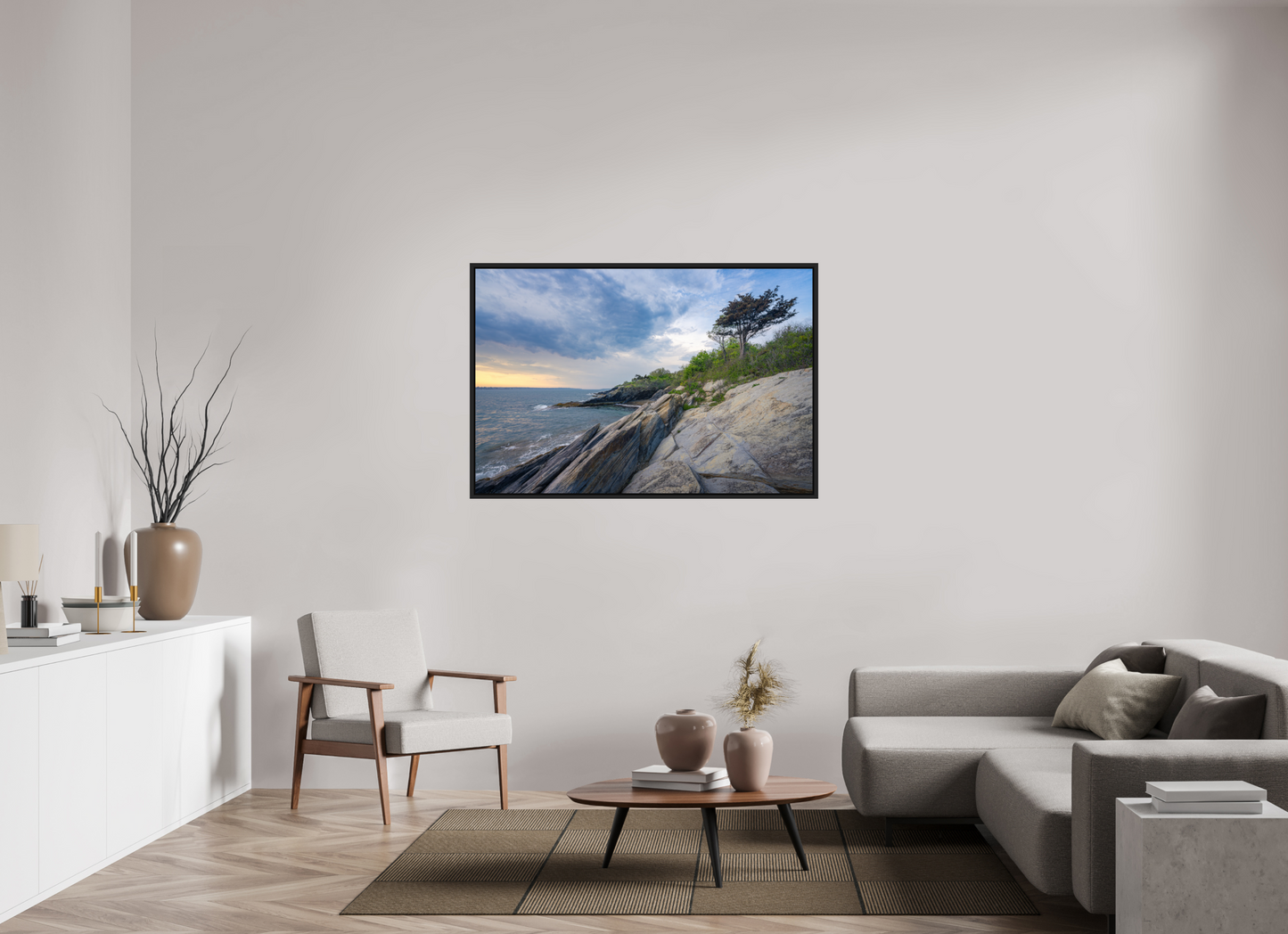 54 x 36″, Premium ChromaLuxe HD Aluminum Metal Print with Black Wood Floater Frame Rain in the Distance at Beavertail