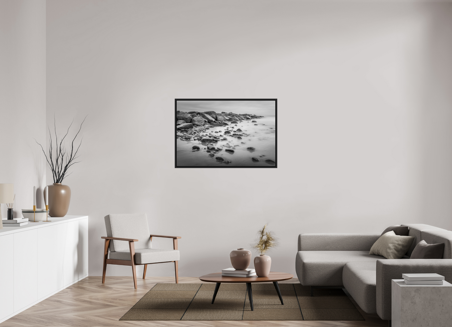 45 x 30″, Photo Print under Acrylic Glass with Black Wood Floater Frame Overcast Morning at Sand Hill Cove