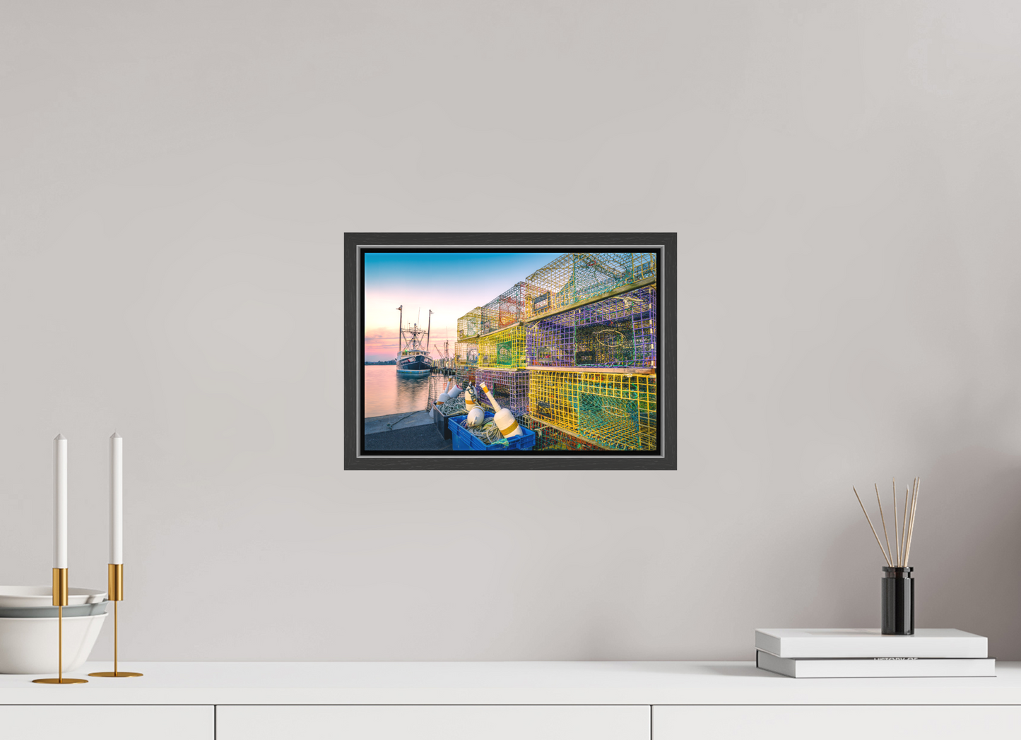 12 x 8″, Matte Canvas Print with Black Wood Floater Frame A Wall of Colorful Lobster Pots