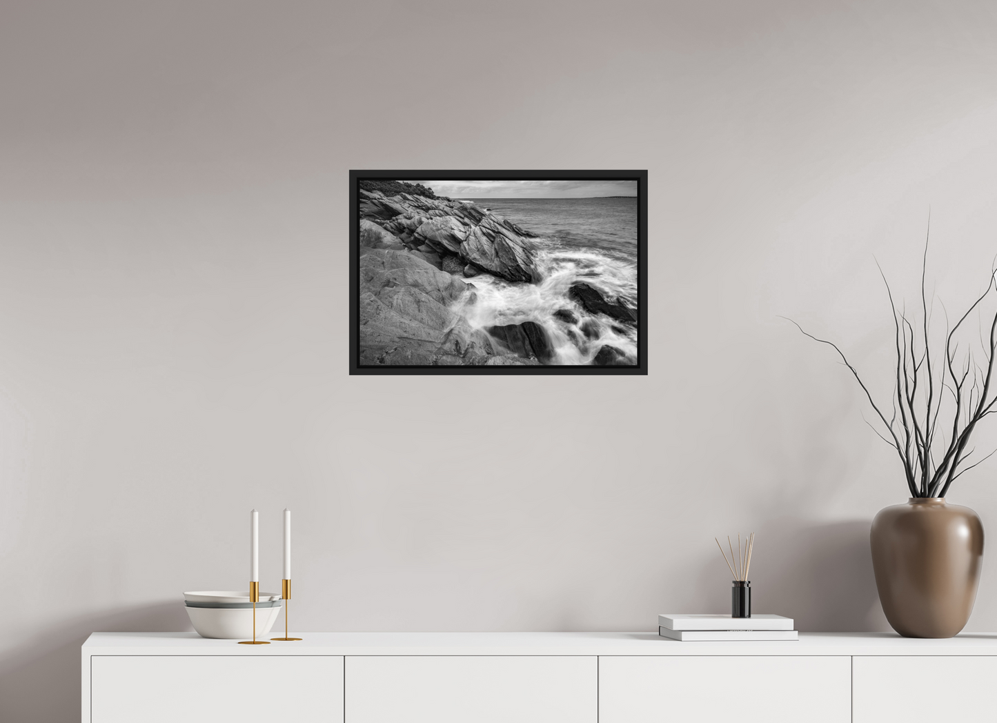24 x 16″, ChromaLuxe HD Metal Print with Black Wood Floater Frame Beavertail Cliffs