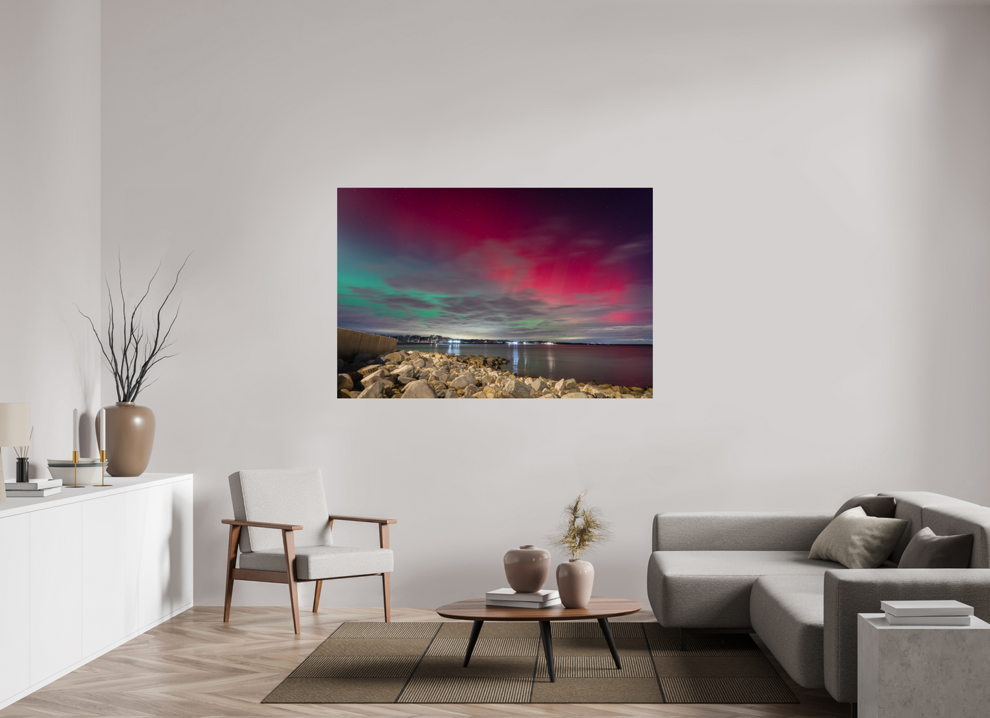 66 x 44″, Premium ChromaLuxe HD Aluminum Metal Print The Aurora Borealis over Narragansett Beach