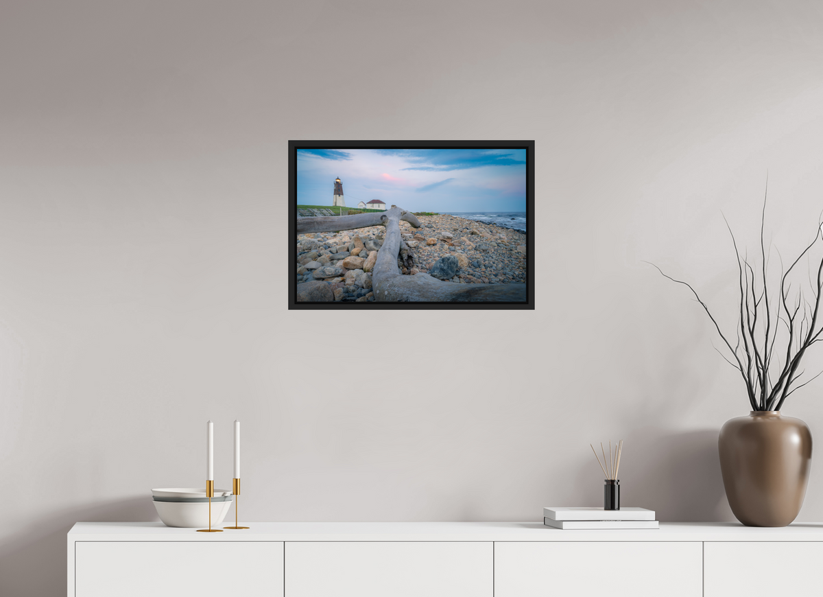 24 x 16″, Premium ChromaLuxe HD Aluminum Metal Print with Black Wood Floater Frame Driftwood at Pt. Judith Lighthouse