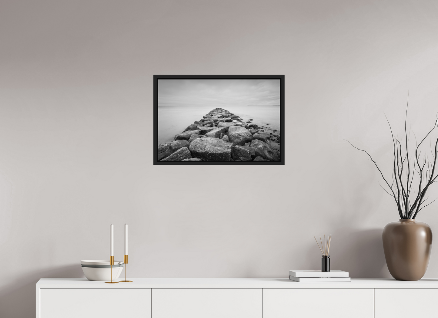 24 x 16″, ChromaLuxe HD Metal Print with Black Wood Floater Frame Sand Hill Cove Rocks