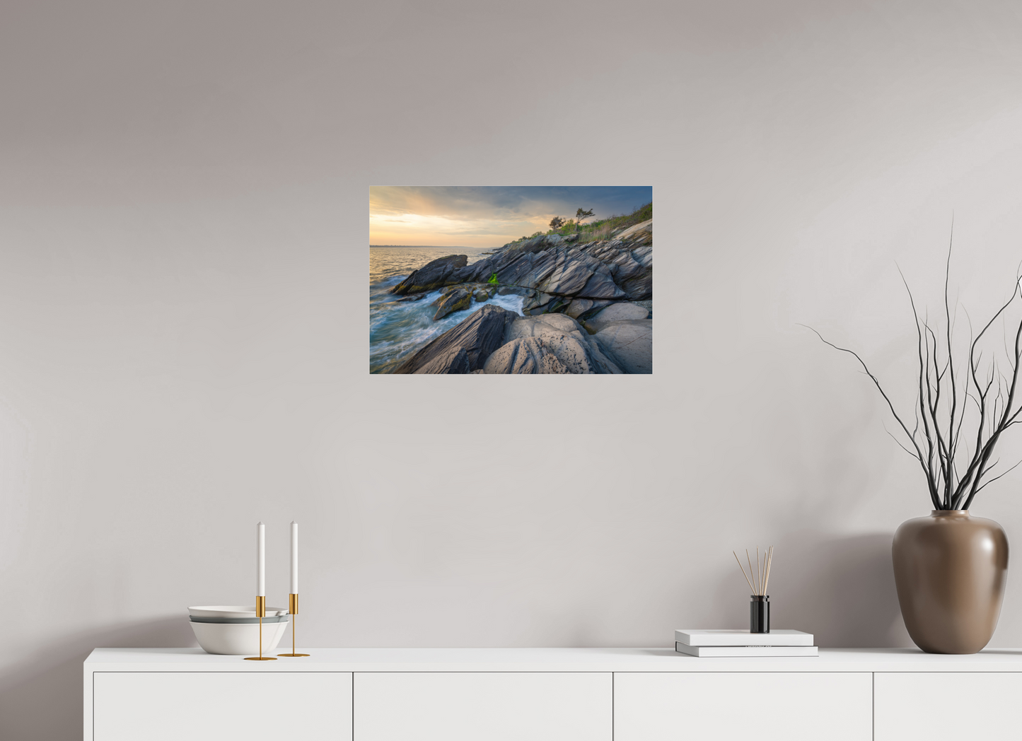 24 x 16″, Premium Photo Print under Acrylic Glass Sunset Glow at Beavertail