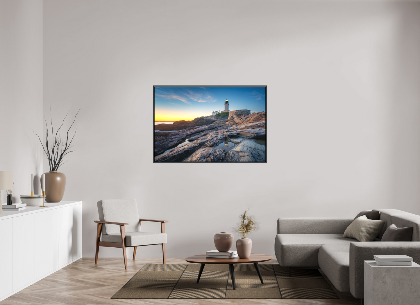 54 x 36″, Matte Canvas Print with Black Wood Floater Frame Beavertail Lighthouse Tide Pool Reflection