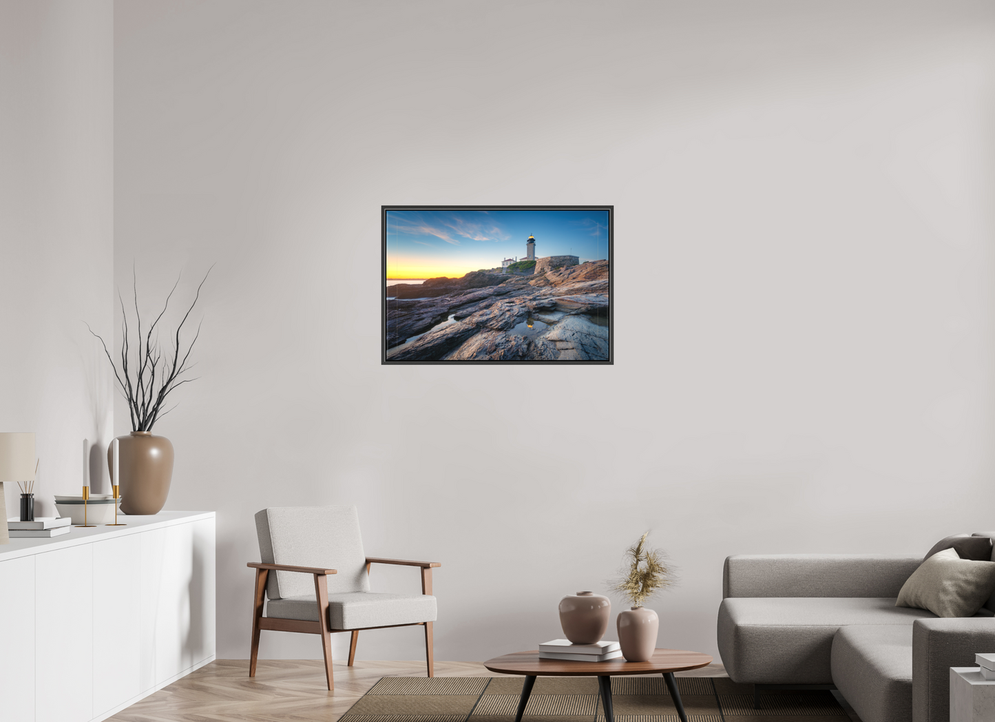36 x 24″, Matte Canvas Print with Black Wood Floater Frame Beavertail Lighthouse Tide Pool Reflection