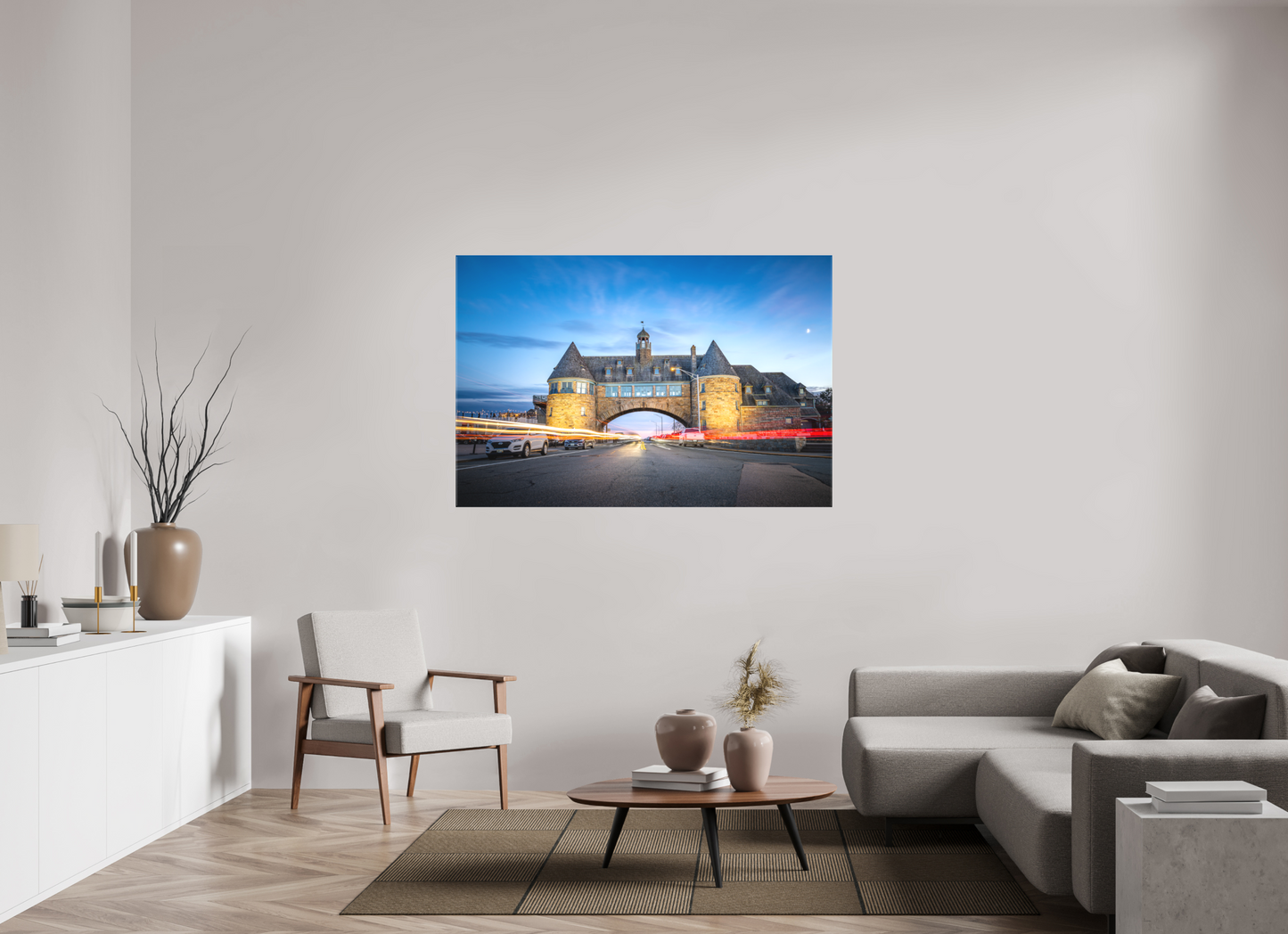60 x 40″, Matte Canvas Print Narragansett Towers and Light Trails