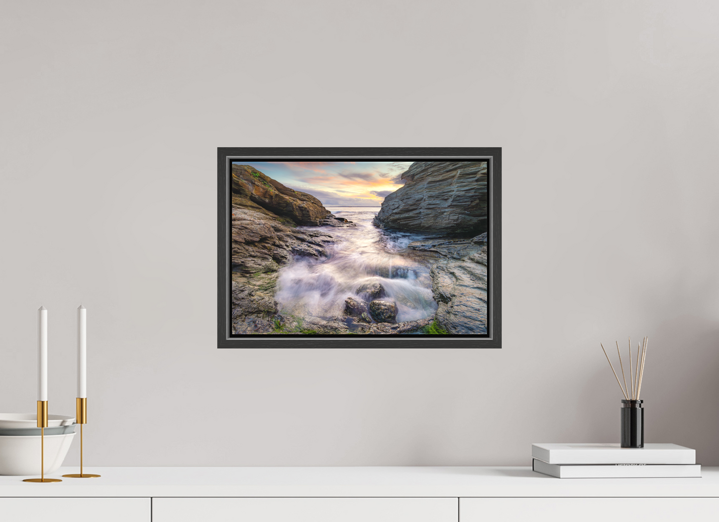 15 x 10″, Matte Canvas Print with Black Wood Floater Frame Waves Approaching