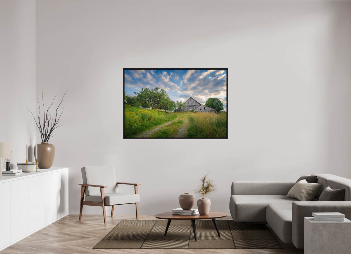 60 x 40″, Premium ChromaLuxe HD Aluminum Metal Print with Black Wood Floater Frame Countryside Barn