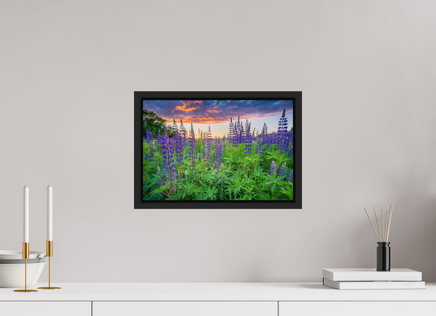15 x 10″, Premium Photo Print under Acrylic Glass with Black Wood Floater Frame Lupine Sunset