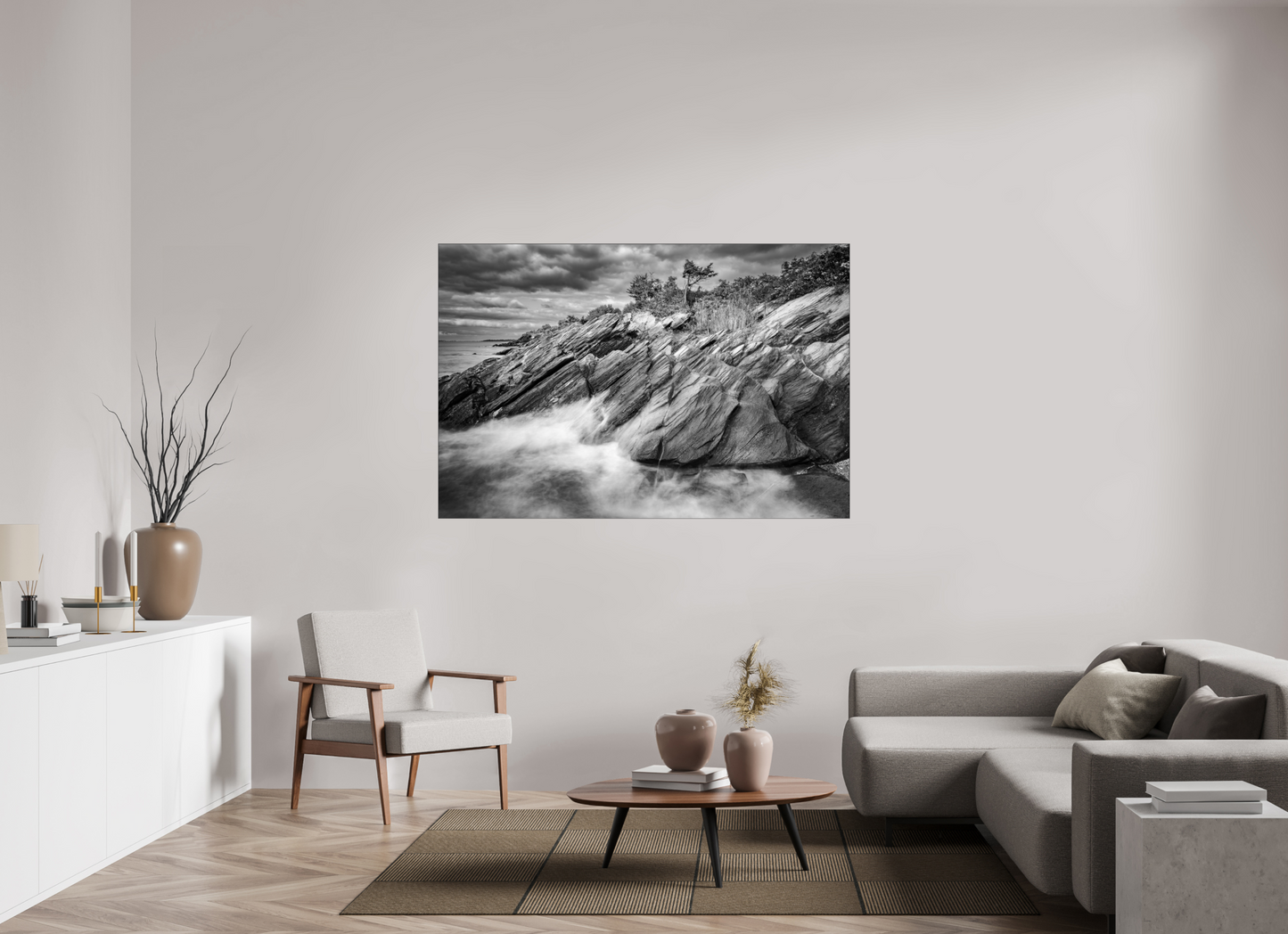 66 x 44″, Photo Print under Acrylic Glass with Black Slimline Case Rough Seas Against Beavertail Cliffs