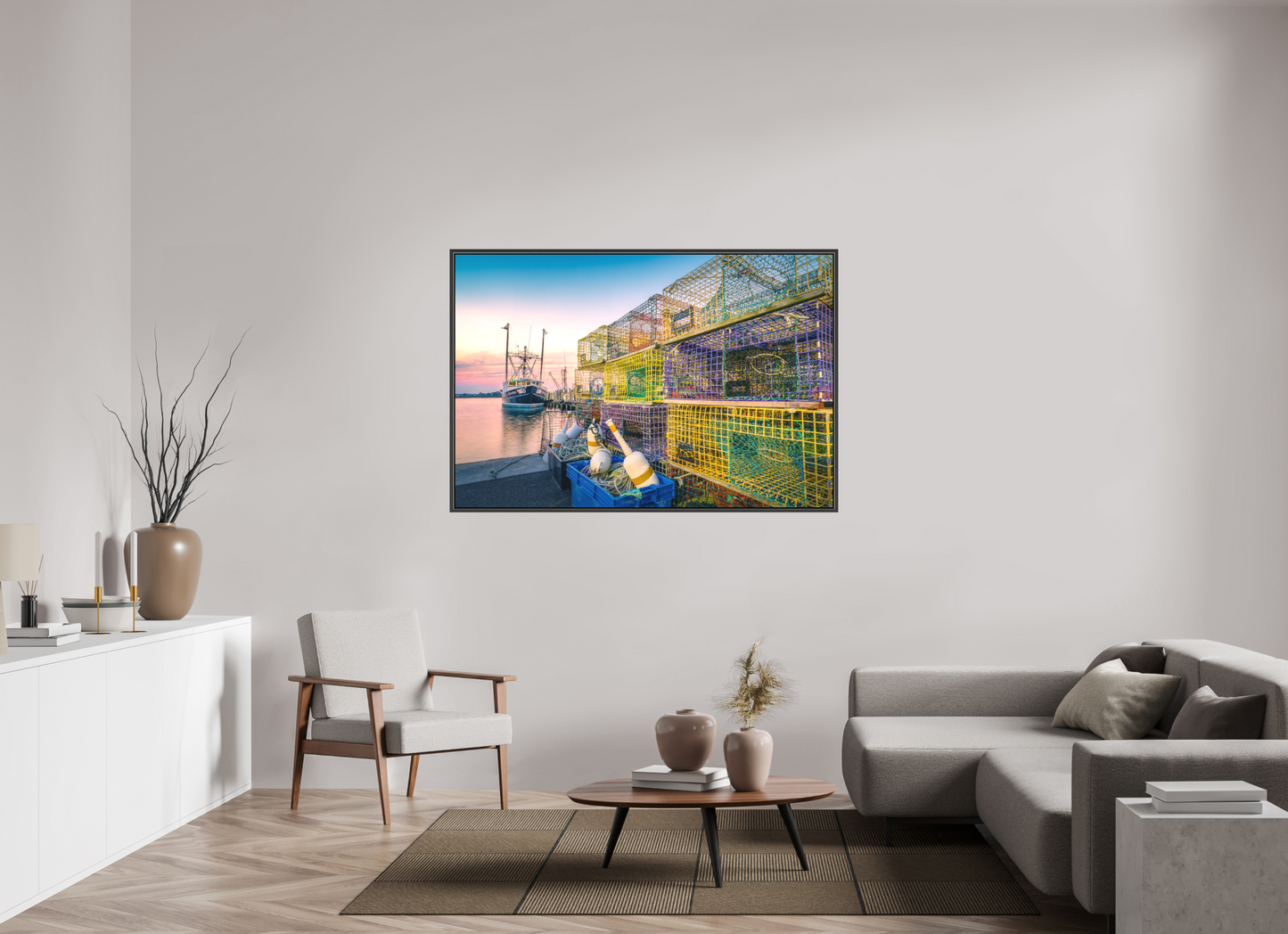 60 x 40″, Matte Canvas Print with Black Wood Floater Frame A Wall of Colorful Lobster Pots