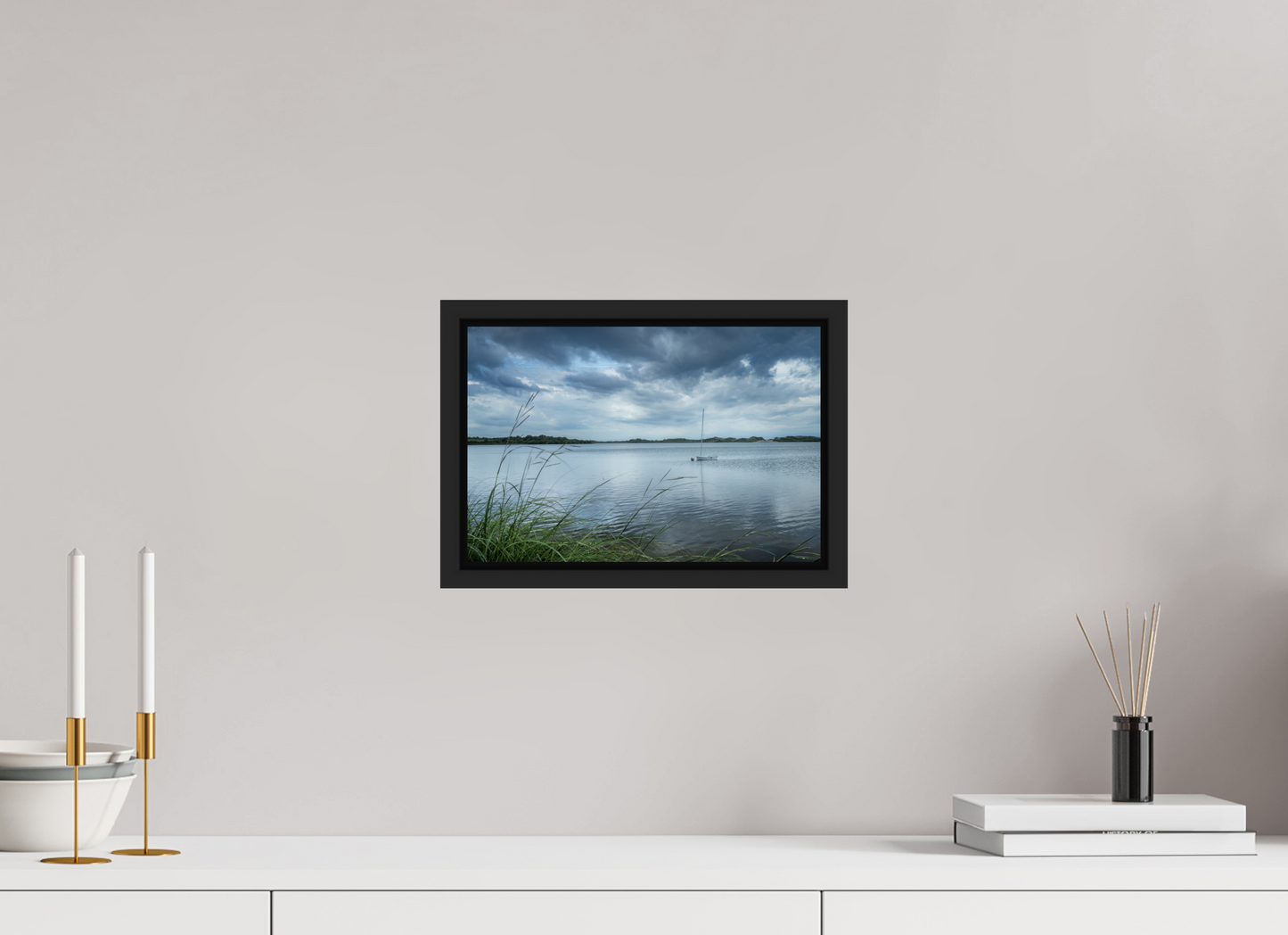 12 x 8″, ChromaLuxe HD Metal Print with Black Wood Floater Frame Lonely Boat on Sachem Pond