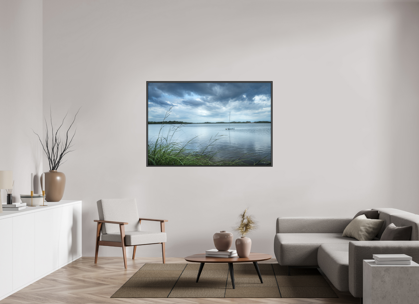 60 x 40″, Matte Canvas Print with Black Wood Floater Frame Lonely Boat on Sachem Pond
