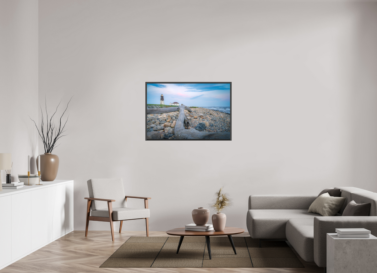45 x 30″, Matte Canvas Print with Black Wood Floater Frame Driftwood at Pt. Judith Lighthouse