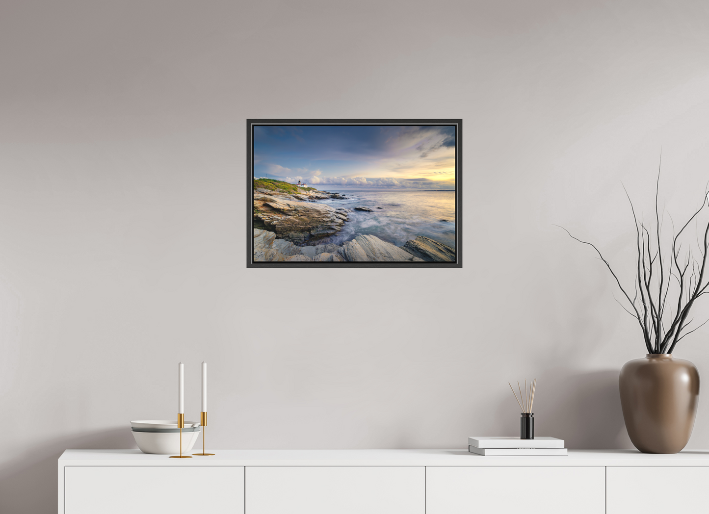 24 x 16″, Matte Canvas Print with Black Wood Floater Frame Twilight at Beavertail Lighthouse