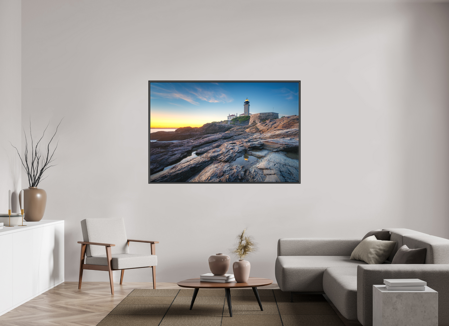 66 x 44″, Matte Canvas Print with Black Wood Floater Frame Beavertail Lighthouse Tide Pool Reflection