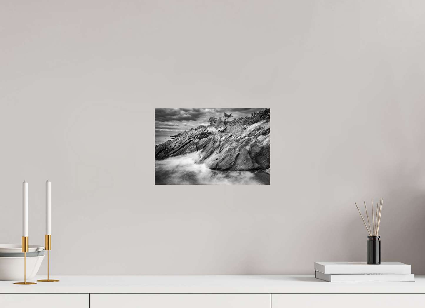 12 x 8″, ChromaLuxe HD Metal Print Rough Seas Against Beavertail Cliffs