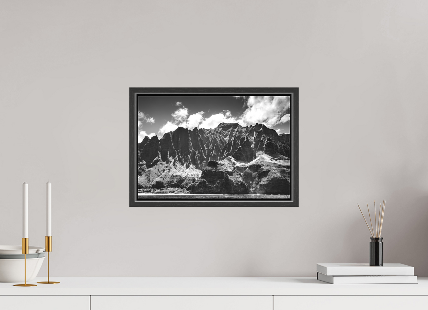 15 x 10″, Matte Canvas Print with Black Wood Floater Frame Rugged Coastline Along the Napali Coast