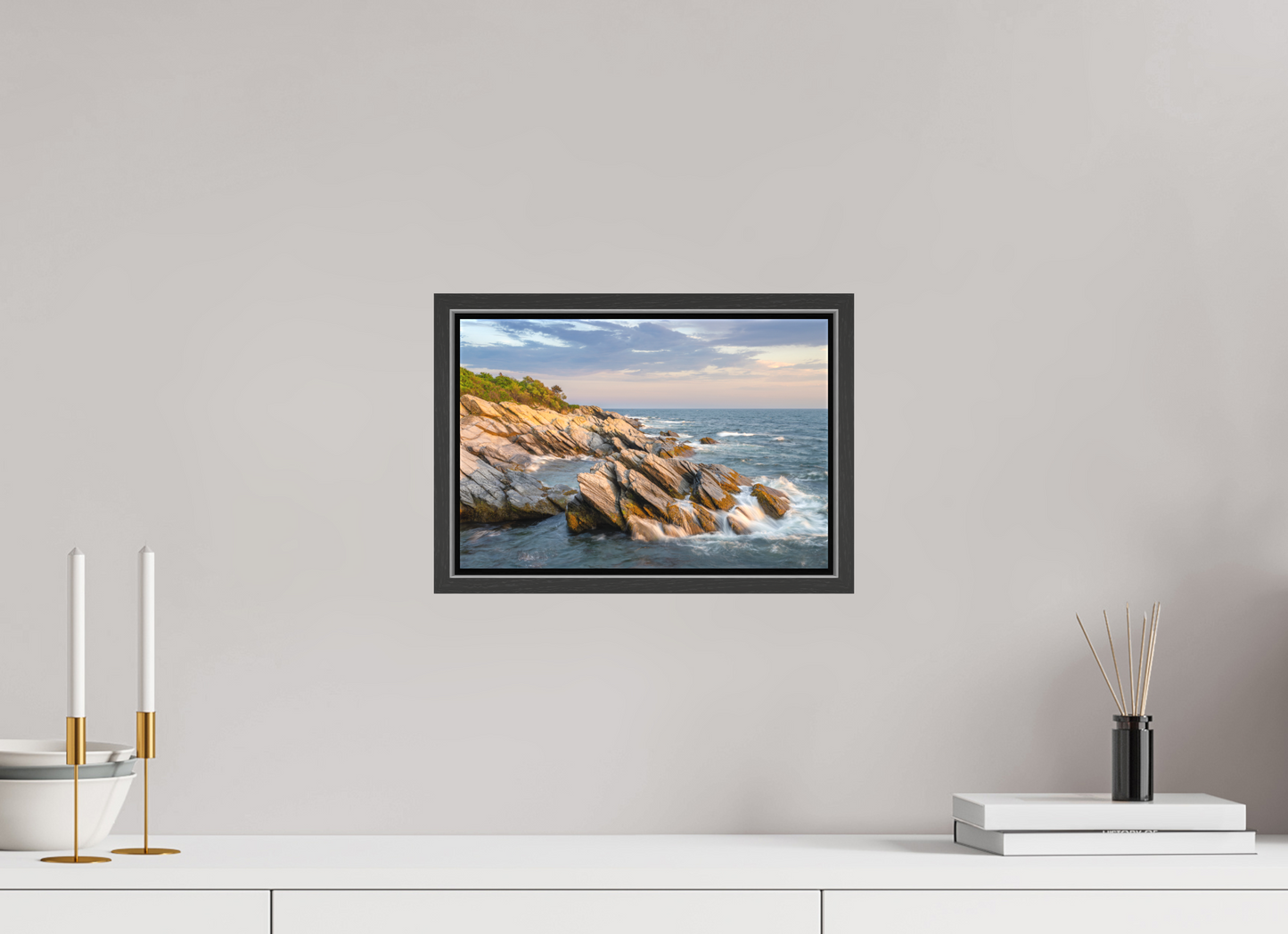 12 x 8″, Matte Canvas Print with Black Wood Floater Frame Beavertail Cliffs Approaching Sunset