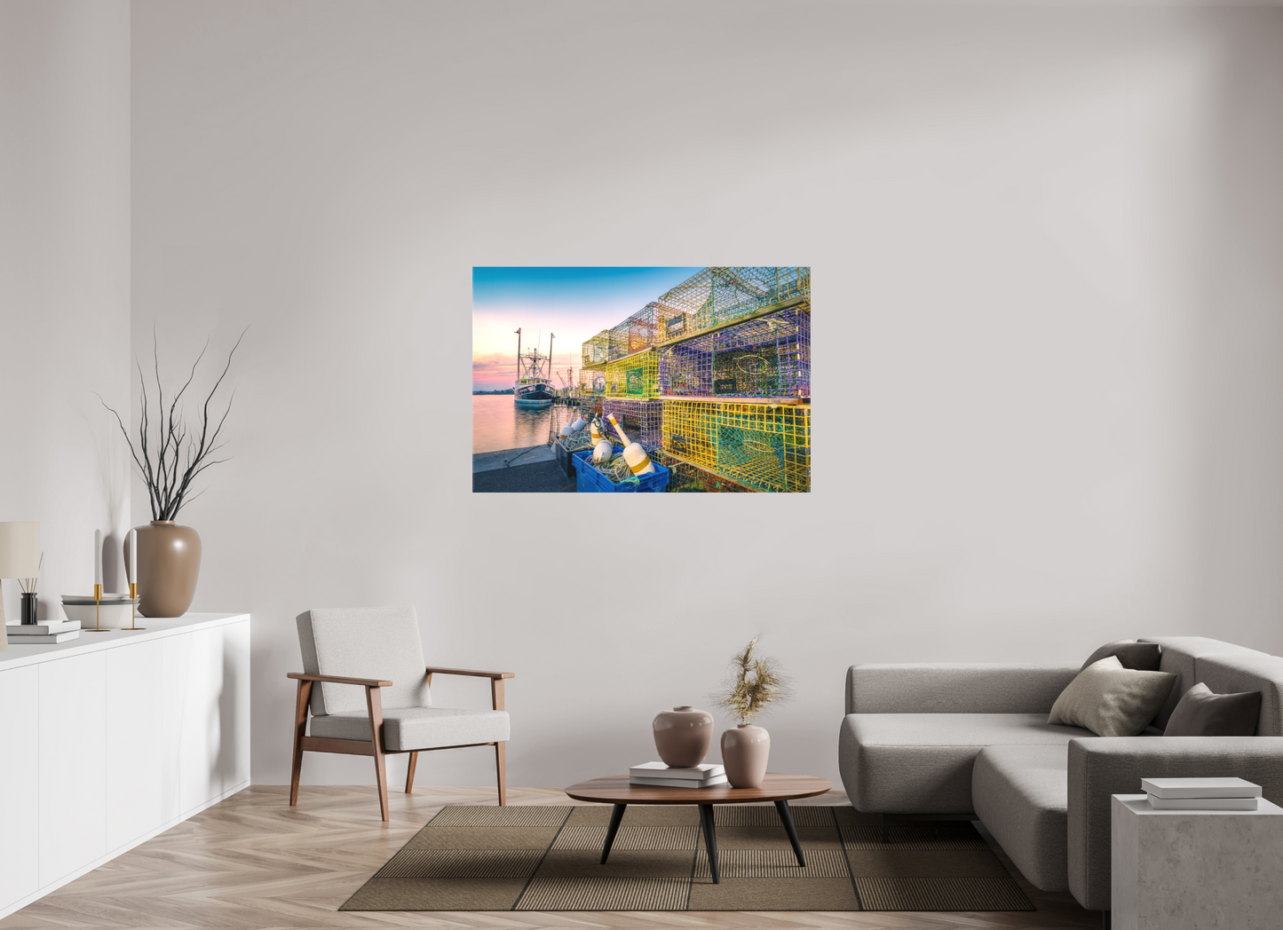 54 x 36″, Matte Canvas Print A Wall of Colorful Lobster Pots