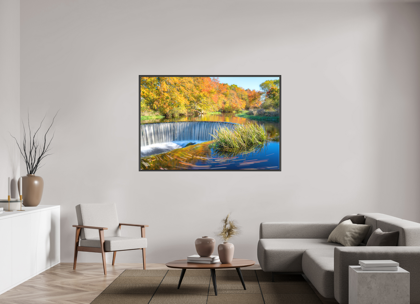 66 x 44″, Matte Canvas Print with Black Wood Floater Frame Peak Fall Colors Over Horseshoe Falls