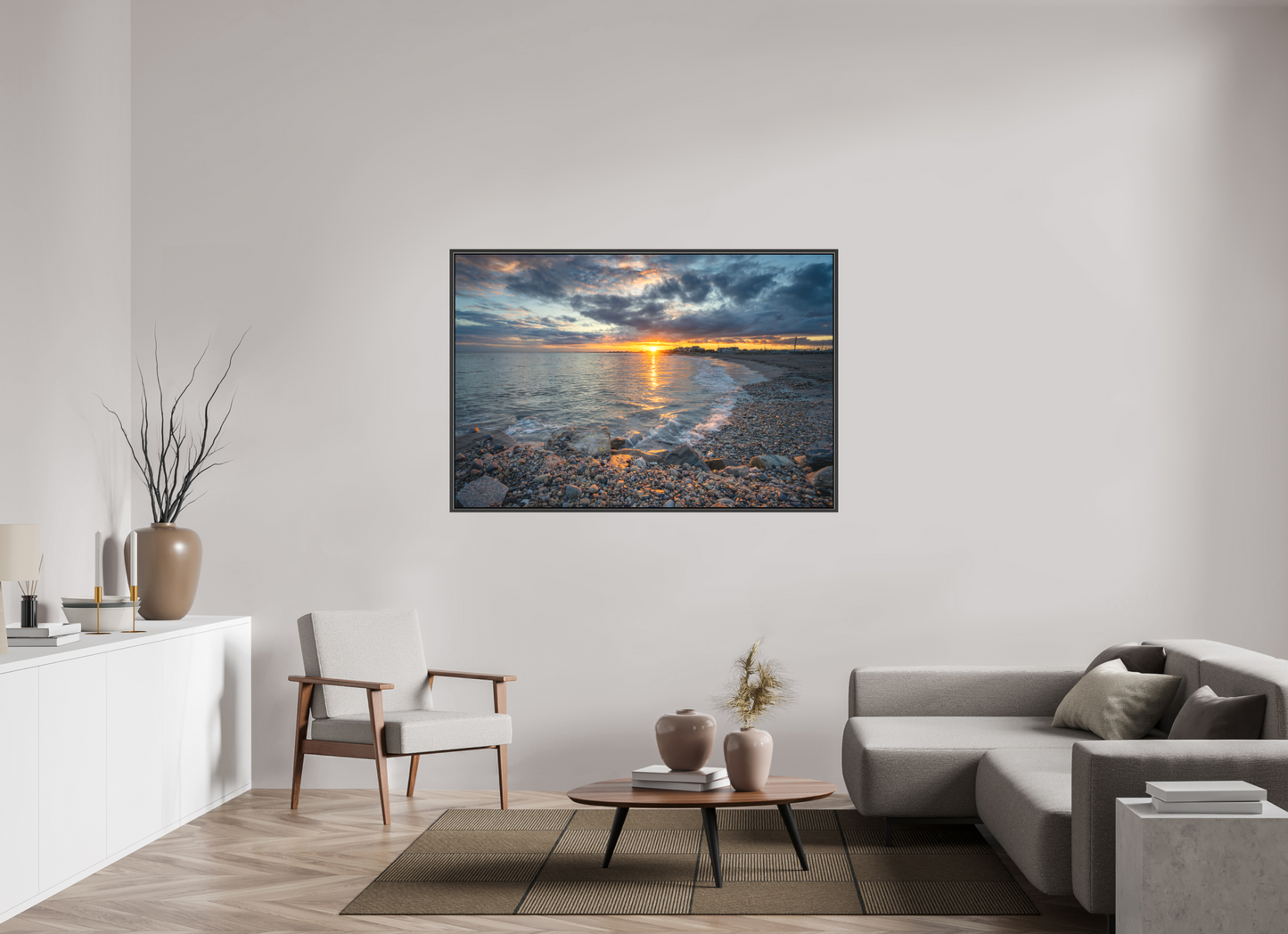 60 x 40″, Matte Canvas Print with Black Wood Floater Frame Roger Wheeler State Beach Sunset