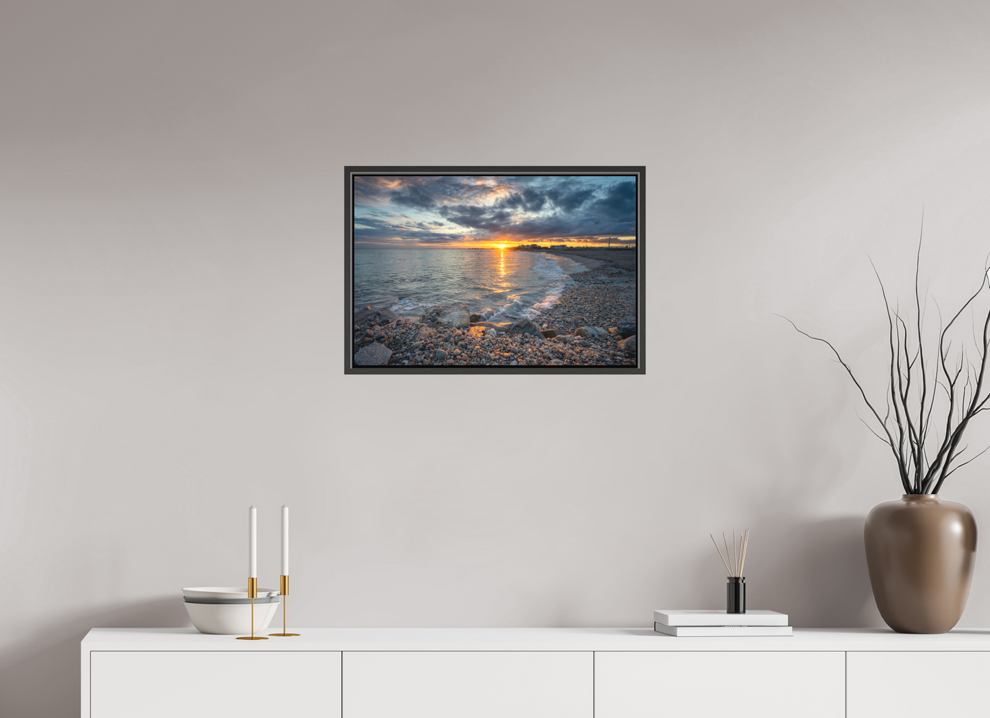 24 x 16″, Matte Canvas Print with Black Wood Floater Frame Roger Wheeler State Beach Sunset
