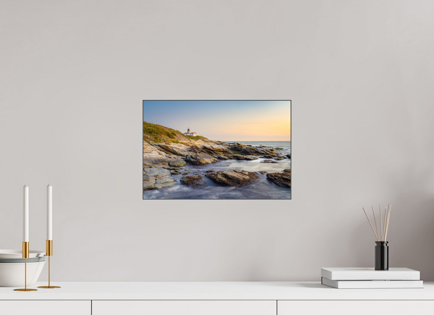 15 x 10″, Photo Print under Acrylic Glass with Black Slimline Case Beavertail Lighthouse