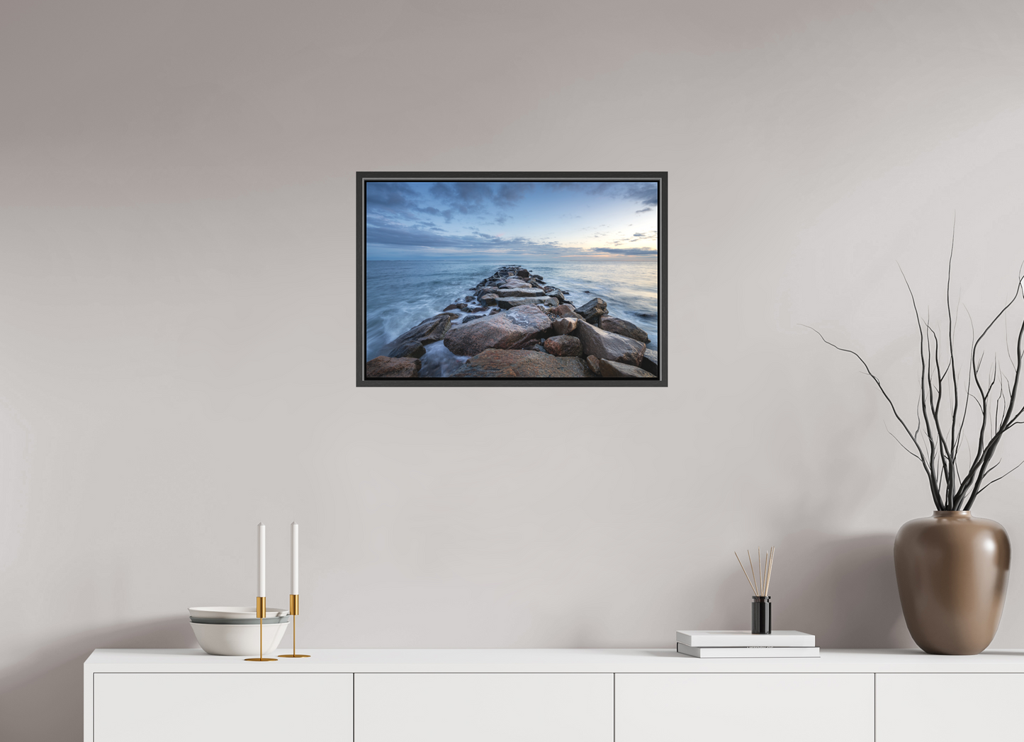 24 x 16″, Matte Canvas Print with Black Wood Floater Frame Roger Wheeler State Beach at Blue Hour