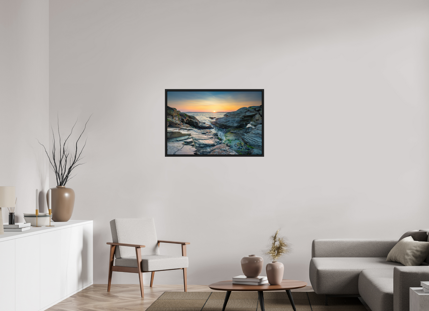 36 x 24″, Photo Print Under Acrylic Glass with Black Wood Floater Frame Sun on the Horizon