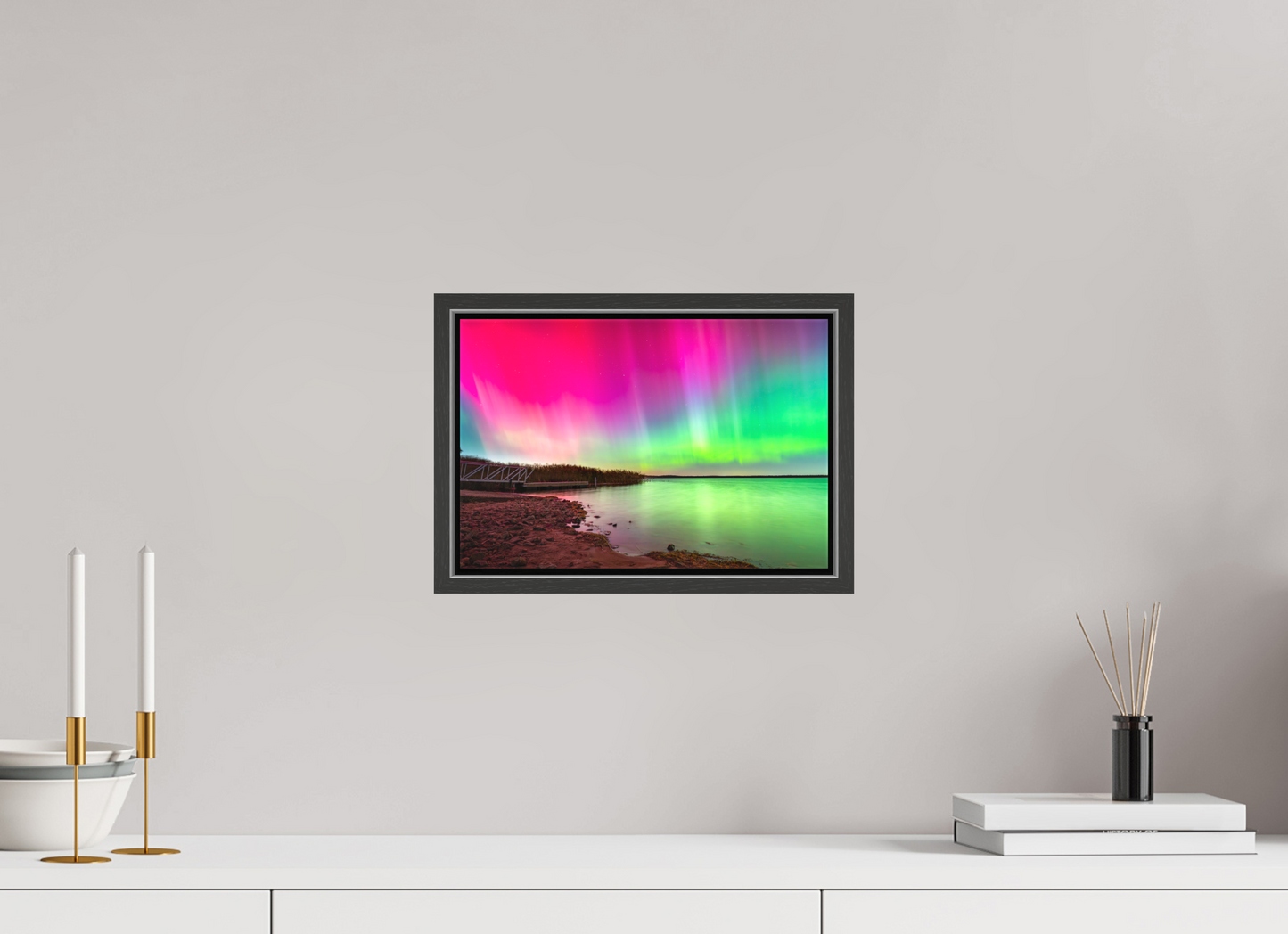 12 x 8″, Matte Canvas Print with Black Wood Floater Frame Aurora Borealis Over Wordens Pond