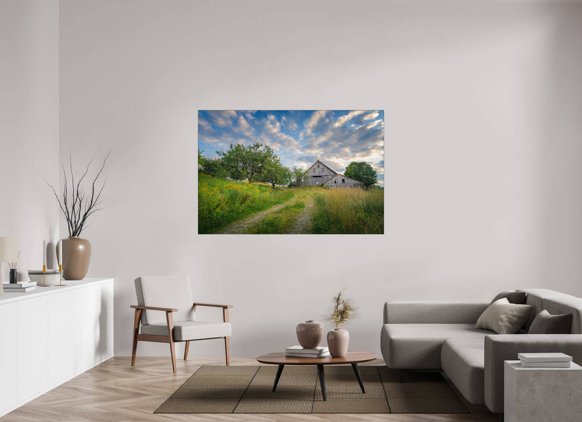66 x 44″, Premium Photo Print under Acrylic Glass with Black Slimline Case Countryside Barn