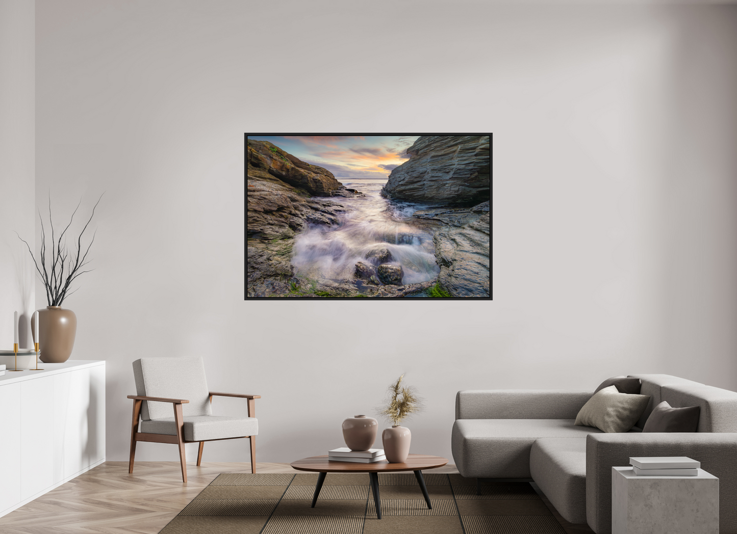 66 x 44″, Photo Print Under Acrylic Glass with Black Wood Floater Frame Waves Approaching