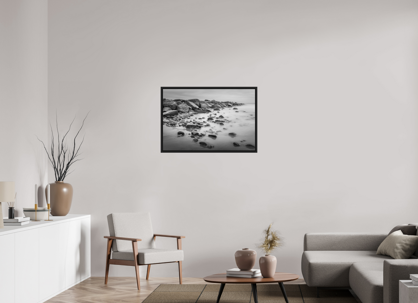 36 x 24″, Photo Print under Acrylic Glass with Black Wood Floater Frame Overcast Morning at Sand Hill Cove