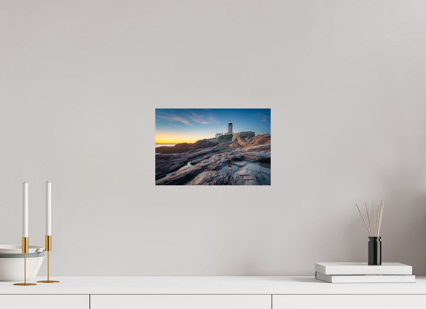 12 x 8″, Premium ChromaLuxe HD Aluminum Metal Print Beavertail Lighthouse Tide Pool Reflection
