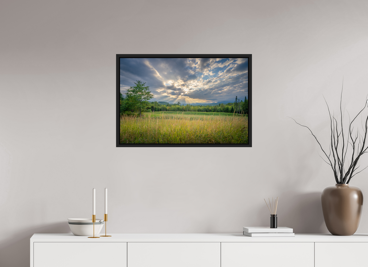 30 x 20″, Premium ChromaLuxe HD Aluminum Metal Print with Black Wood Floater Frame Mountain Sun Rays