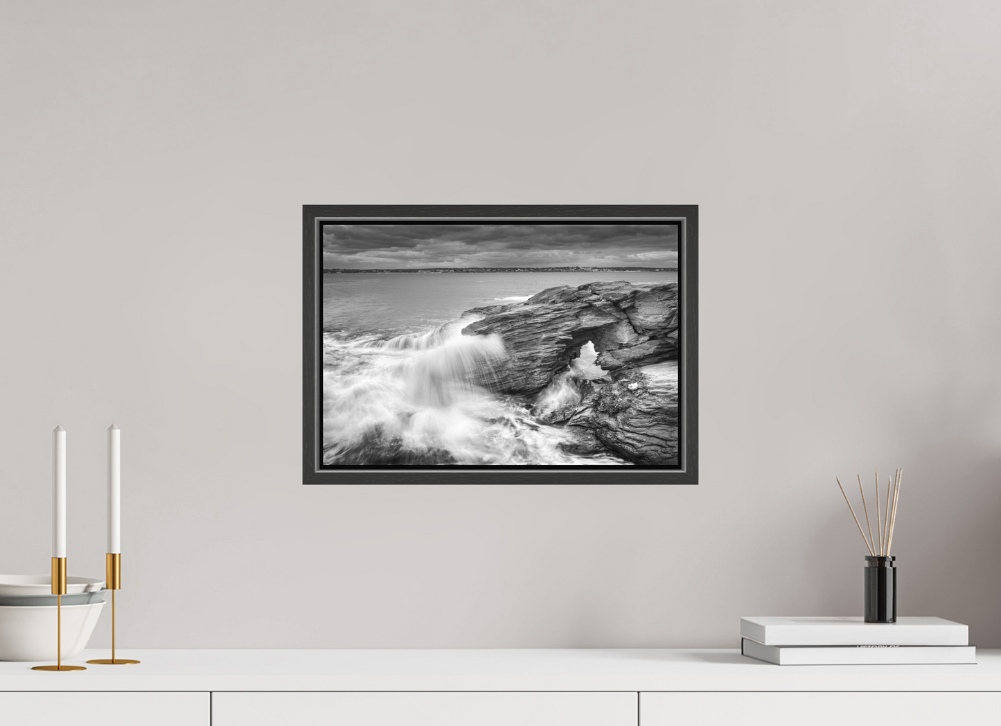 15 x 10″, Matte Canvas Print with Black Wood Floater Frame Waves Over Arches