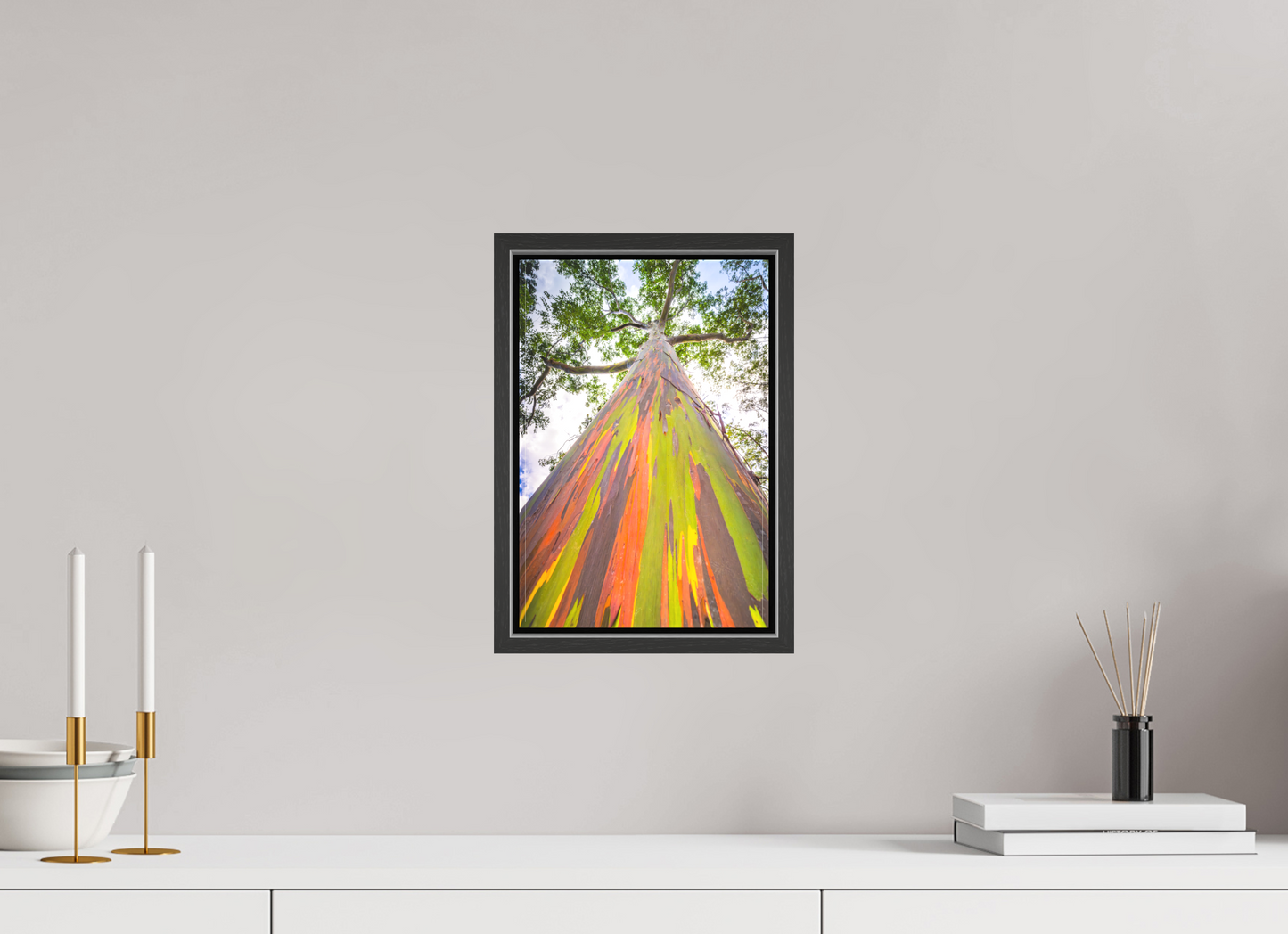 8 x 12″, Matte Canvas Print with Black Wood Floater Frame Rainbow Eucalyptus Tree