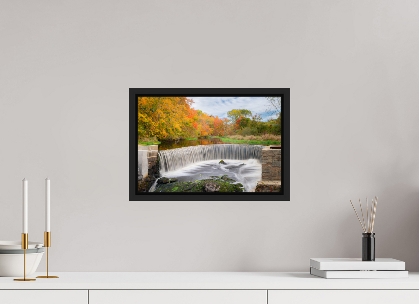 15 x 10″, ChromaLuxe HD Metal Print with Black Wood Floater Frame Autumn at Horseshoe Falls