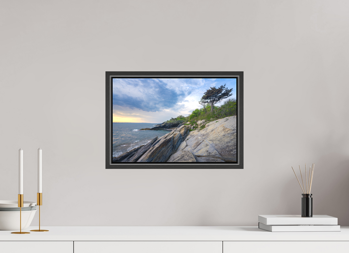 15 x 10″, Matte Canvas Print with Black Wood Floater Frame Rain in the Distance at Beavertail