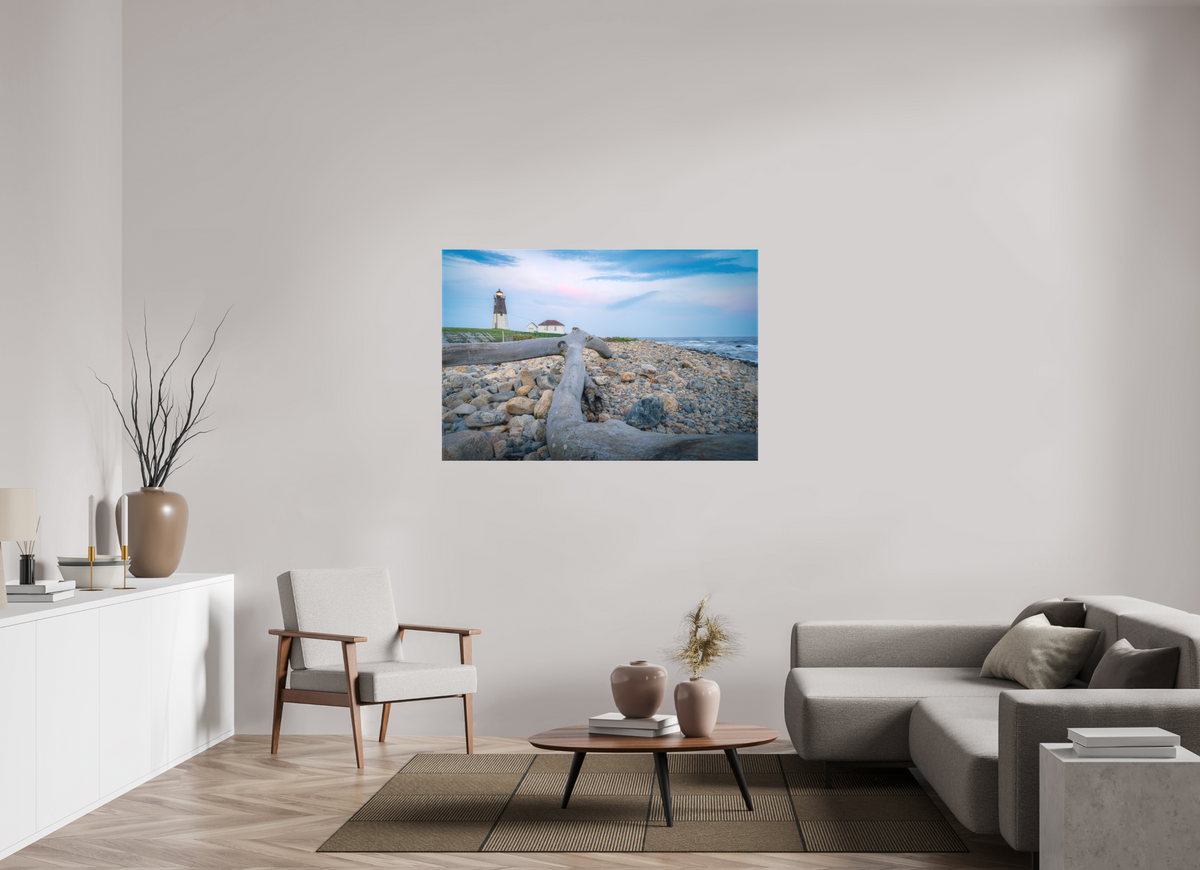 54 x 36″, Matte Canvas Print Driftwood at Pt. Judith Lighthouse