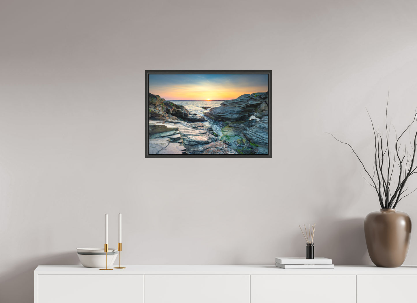 24 x 16″, Matte Canvas Print with Black Wood Floater Frame Sun on the Horizon