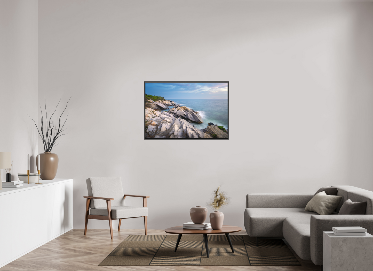 45 x 30″, Matte Canvas Print with Black Wood Floater Frame Blue Hour at Beavertail