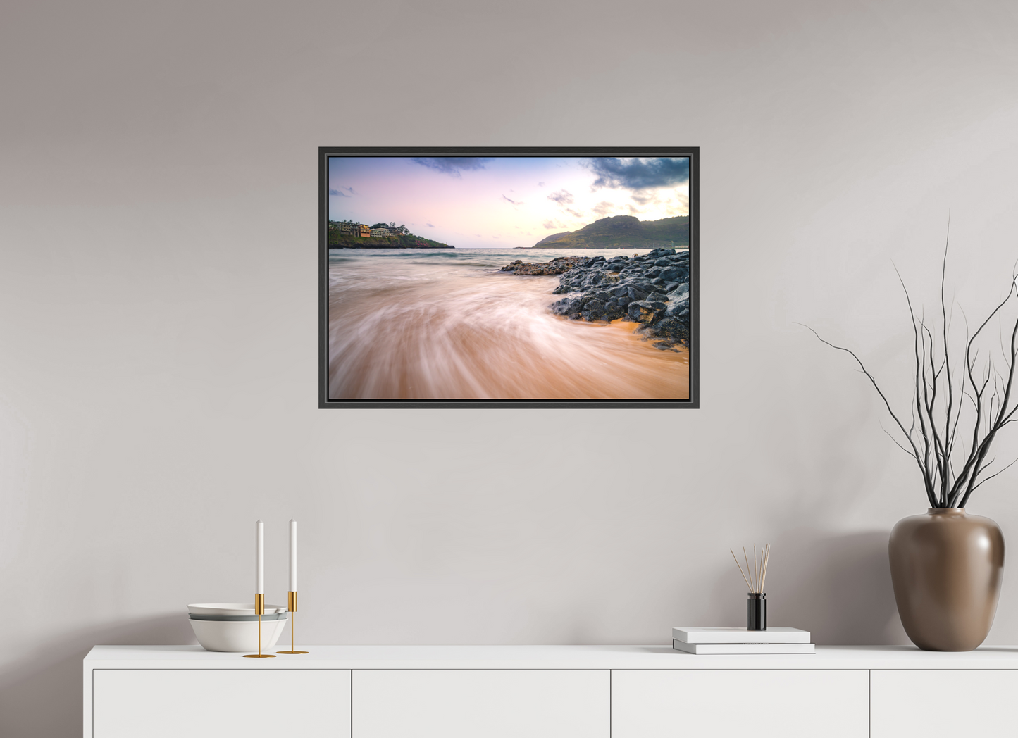 30 x 20″, Matte Canvas Print with Black Wood Floater Frame Waves Retreating