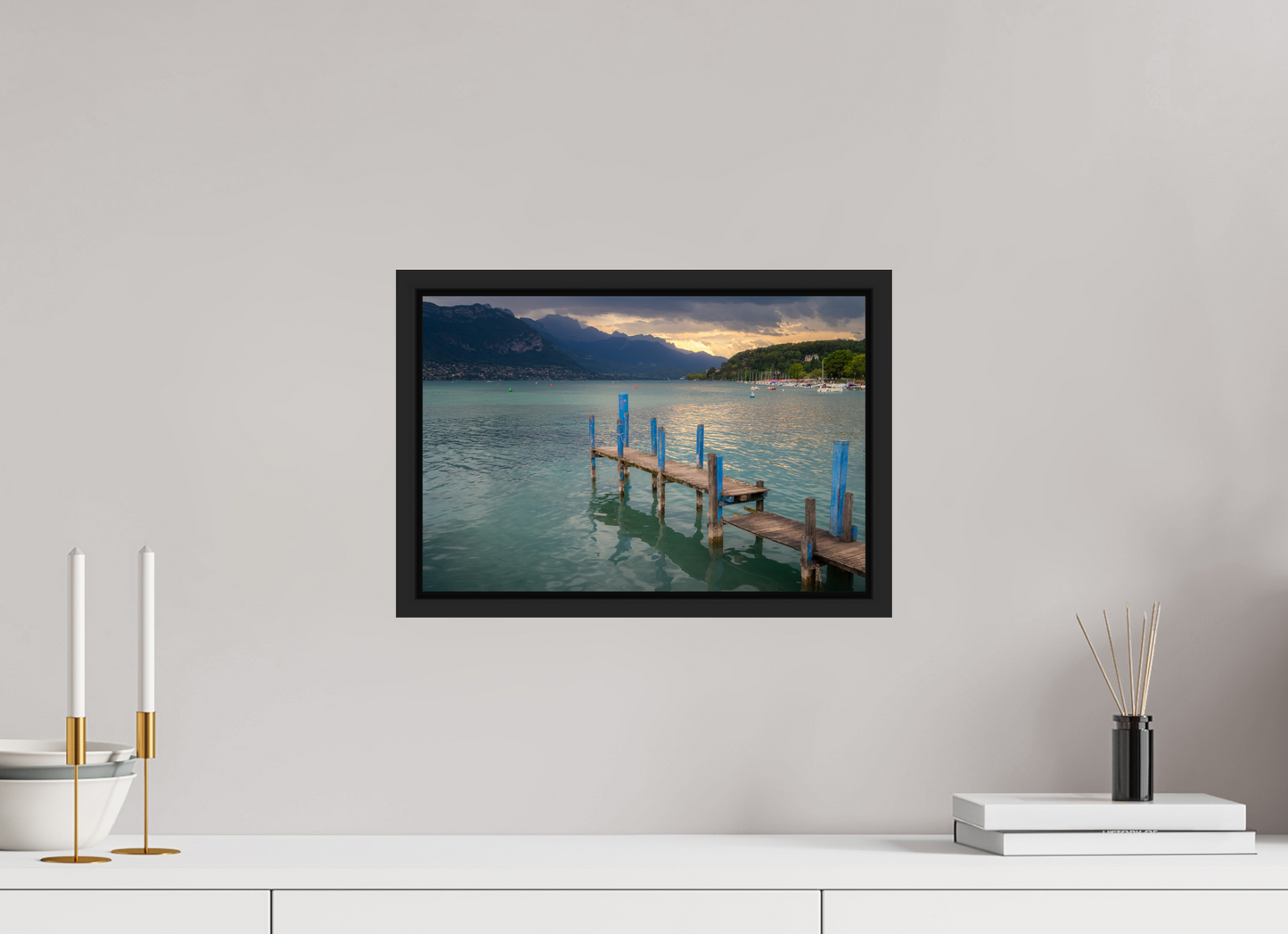 15 x 10″, Photo Print under Acrylic Glass with Black Wood Floater Frame Thunderstorm over Lake Annecy